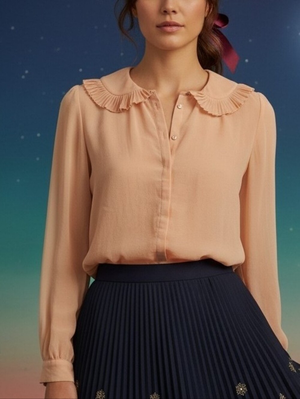 Topshop Peach Pleated Collar Semi Sheer Romantic Cottagecore Blouse